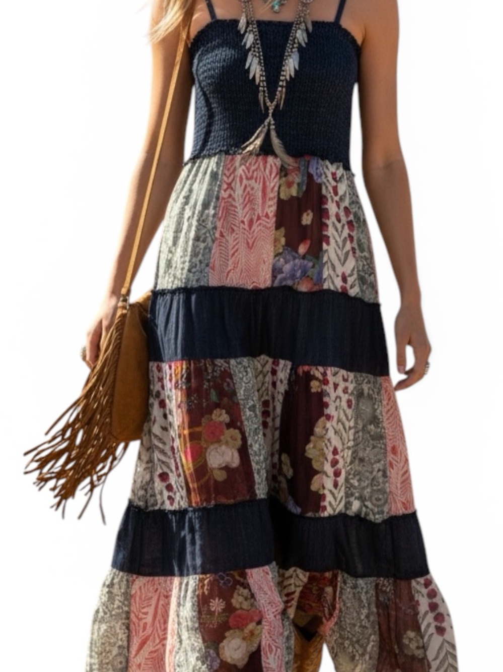 YOUNG THREADS XL SMOCKED DENIM W/ LATTE PATCHWORK MIDI DRESS - Picture 2 of 6